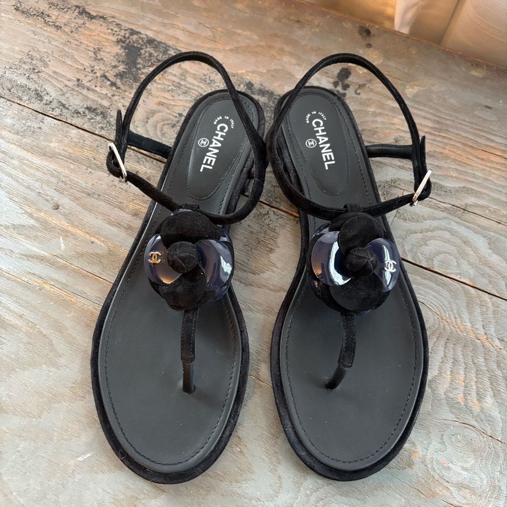 CHANEL  Camellia flower T-Strap Sandals | size 38.5 ~ US 7.5-8